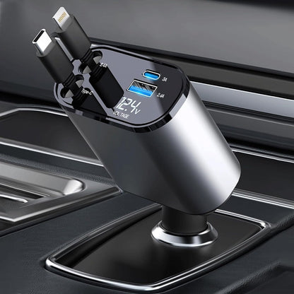 Retractable Car Charger, 120W 4 in 1 Super Fast Charge Car Charger, Type C & USB Charging Ports, Retractable Cables (80Cm) Car Adapter, Compatible iPhones, Ipad, Galaxy, Pixel, Grey