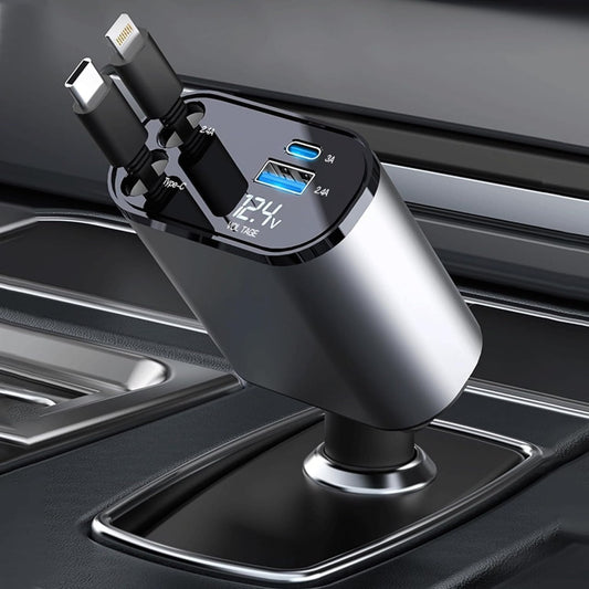 Retractable Car Charger, 120W 4 in 1 Super Fast Charge Car Charger, Type C & USB Charging Ports, Retractable Cables (80Cm) Car Adapter, Compatible iPhones, Ipad, Galaxy, Pixel, Grey