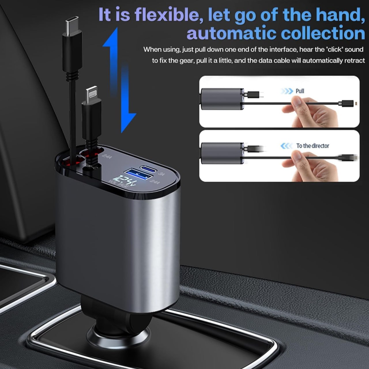 Retractable Car Charger, 120W 4 in 1 Super Fast Charge Car Charger, Type C & USB Charging Ports, Retractable Cables (80Cm) Car Adapter, Compatible iPhones, Ipad, Galaxy, Pixel, Grey