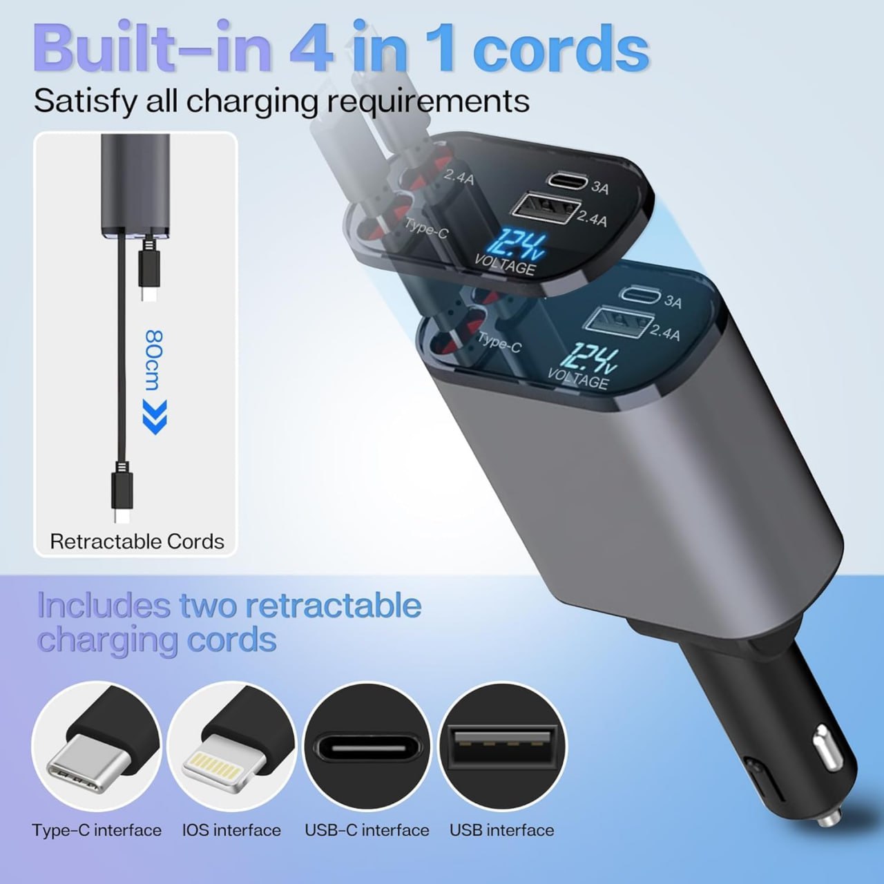 Retractable Car Charger, 120W 4 in 1 Super Fast Charge Car Charger, Type C & USB Charging Ports, Retractable Cables (80Cm) Car Adapter, Compatible iPhones, Ipad, Galaxy, Pixel, Grey