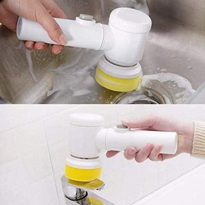 5 in 1 Magic Power Scrubber Household Cleaning Tools Spin Scrubber Cleaning Scrubber Brush Heads, 1 Extension Arm and Adapter (White)