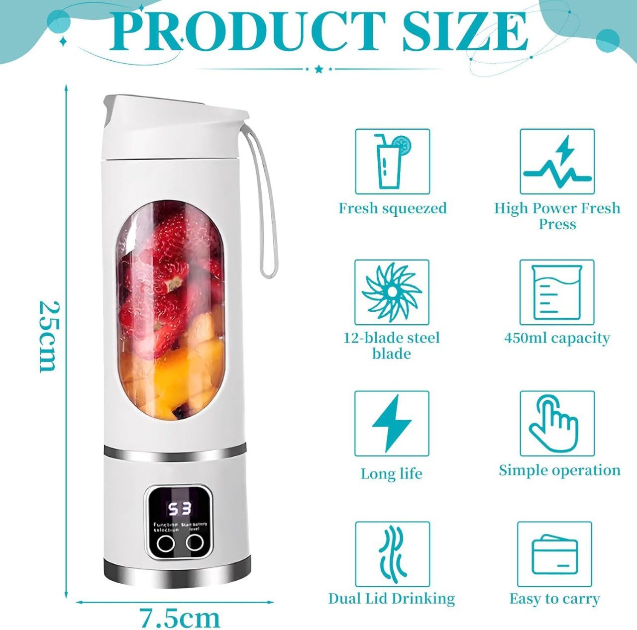 ECOMNEST'S Smoothie Mini Personal Juicer 10 Blades 3 Gears With 1500 Mah Rechargeable Battery
